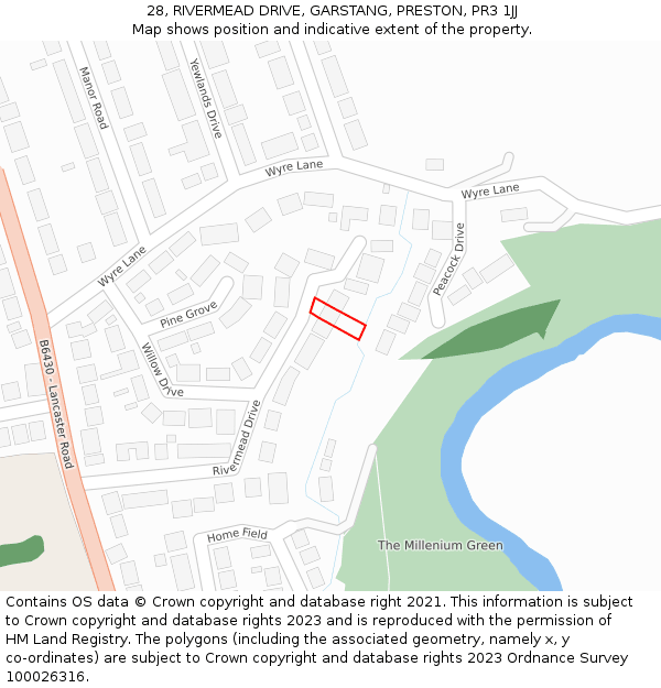 28, RIVERMEAD DRIVE, GARSTANG, PRESTON, PR3 1JJ: Location map and indicative extent of plot