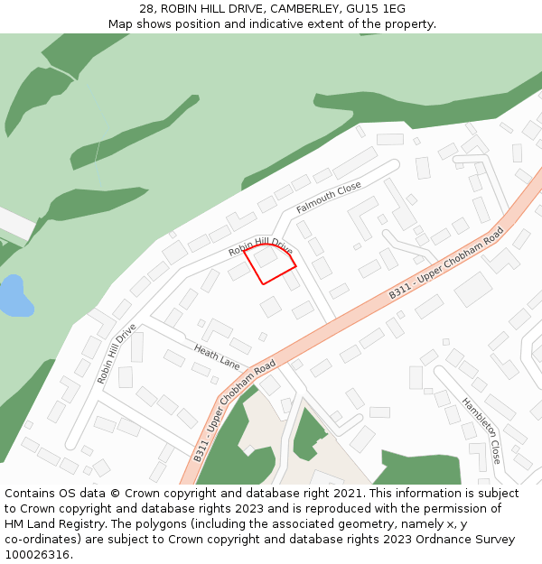 28, ROBIN HILL DRIVE, CAMBERLEY, GU15 1EG: Location map and indicative extent of plot