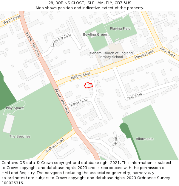 28, ROBINS CLOSE, ISLEHAM, ELY, CB7 5US: Location map and indicative extent of plot