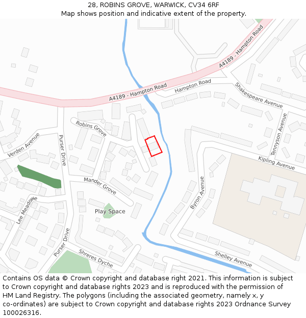 28, ROBINS GROVE, WARWICK, CV34 6RF: Location map and indicative extent of plot