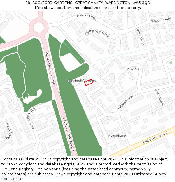 28, ROCKFORD GARDENS, GREAT SANKEY, WARRINGTON, WA5 3QD: Location map and indicative extent of plot