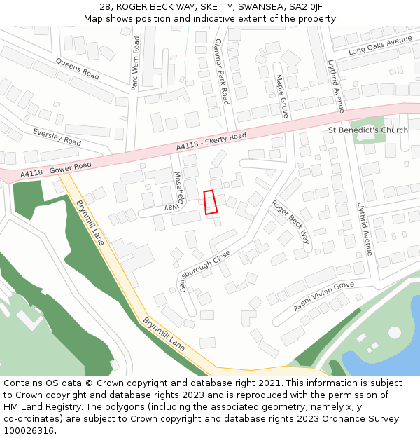 28, ROGER BECK WAY, SKETTY, SWANSEA, SA2 0JF: Location map and indicative extent of plot