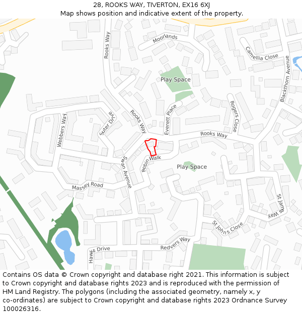 28, ROOKS WAY, TIVERTON, EX16 6XJ: Location map and indicative extent of plot