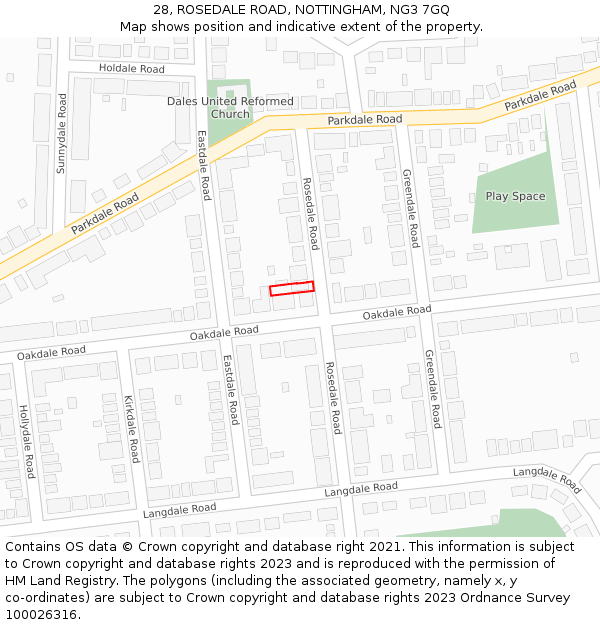 28, ROSEDALE ROAD, NOTTINGHAM, NG3 7GQ: Location map and indicative extent of plot