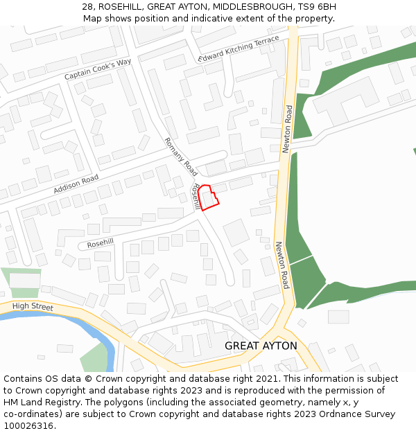 28, ROSEHILL, GREAT AYTON, MIDDLESBROUGH, TS9 6BH: Location map and indicative extent of plot