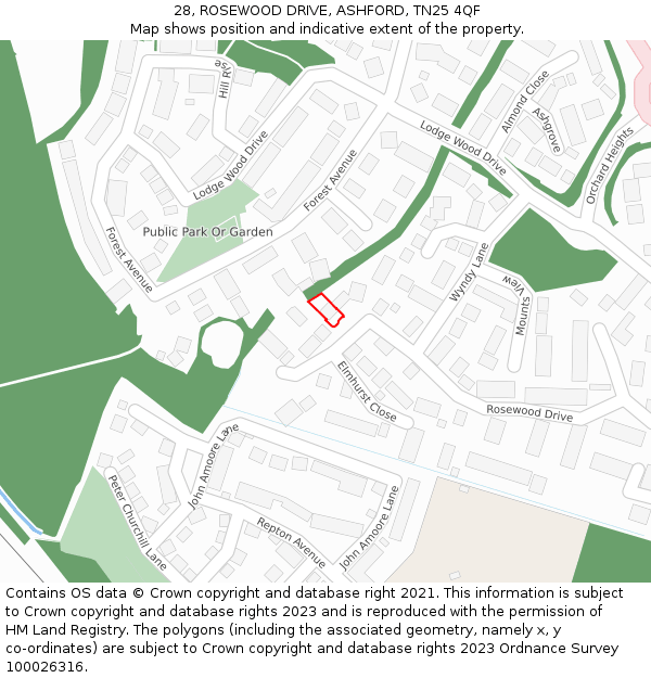 28, ROSEWOOD DRIVE, ASHFORD, TN25 4QF: Location map and indicative extent of plot