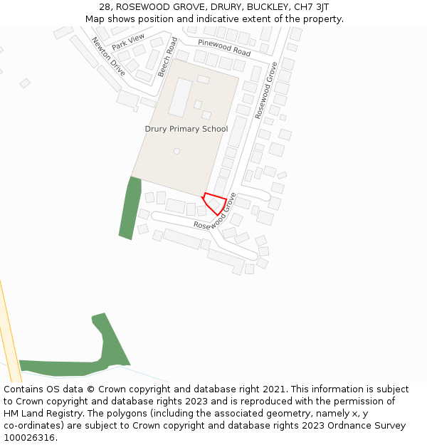 28, ROSEWOOD GROVE, DRURY, BUCKLEY, CH7 3JT: Location map and indicative extent of plot