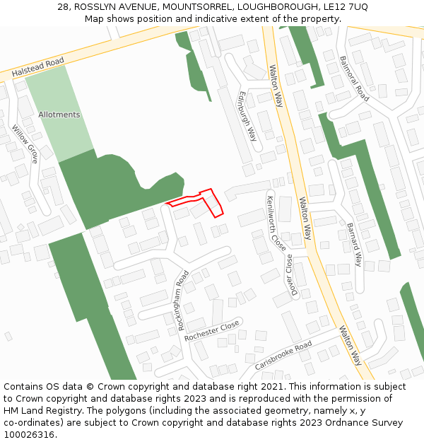 28, ROSSLYN AVENUE, MOUNTSORREL, LOUGHBOROUGH, LE12 7UQ: Location map and indicative extent of plot