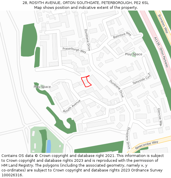 28, ROSYTH AVENUE, ORTON SOUTHGATE, PETERBOROUGH, PE2 6SL: Location map and indicative extent of plot