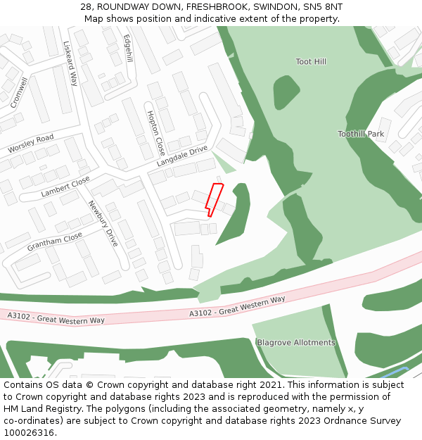 28, ROUNDWAY DOWN, FRESHBROOK, SWINDON, SN5 8NT: Location map and indicative extent of plot