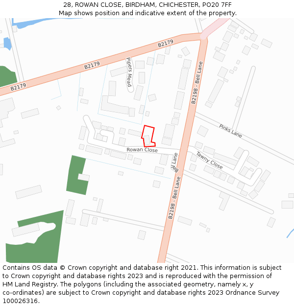 28, ROWAN CLOSE, BIRDHAM, CHICHESTER, PO20 7FF: Location map and indicative extent of plot