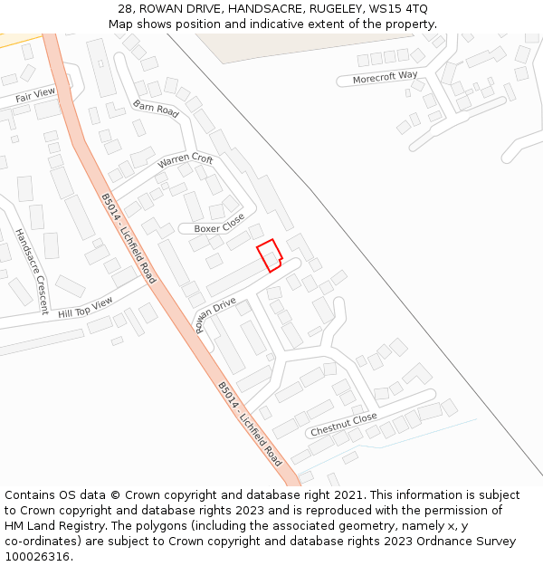 28, ROWAN DRIVE, HANDSACRE, RUGELEY, WS15 4TQ: Location map and indicative extent of plot