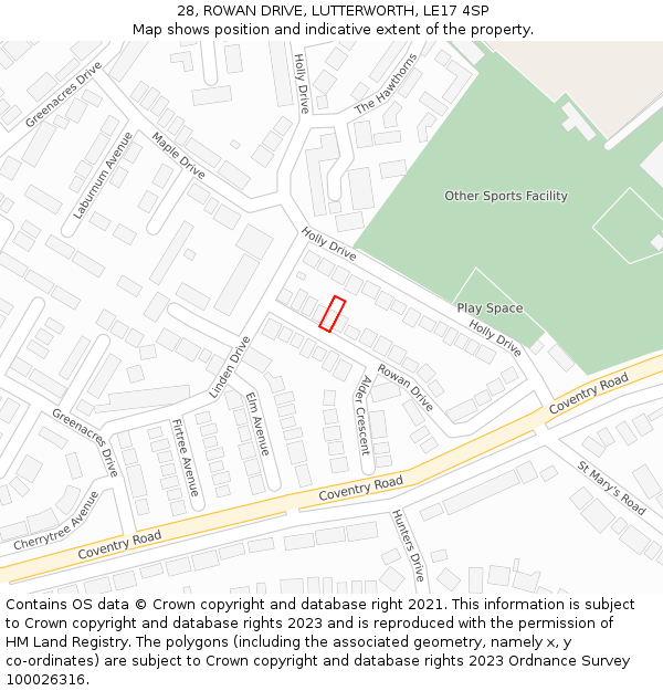 28, ROWAN DRIVE, LUTTERWORTH, LE17 4SP: Location map and indicative extent of plot