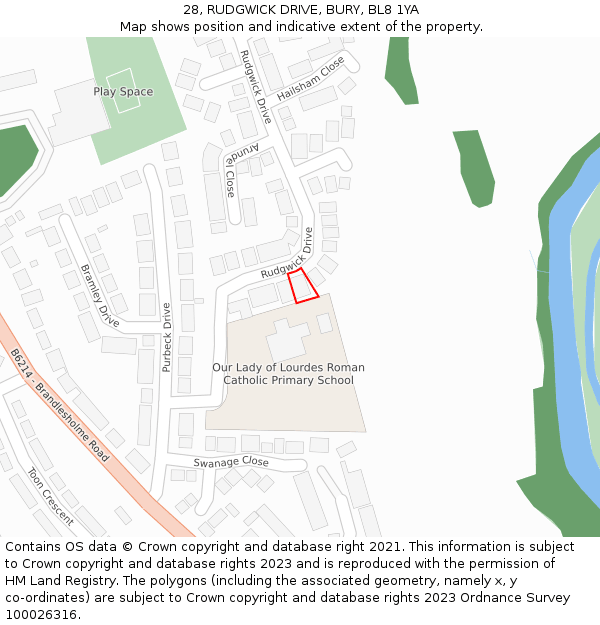 28, RUDGWICK DRIVE, BURY, BL8 1YA: Location map and indicative extent of plot