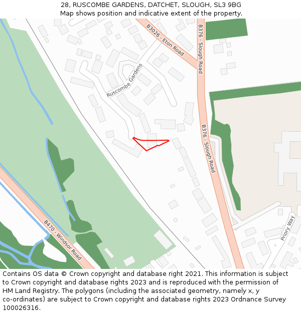 28, RUSCOMBE GARDENS, DATCHET, SLOUGH, SL3 9BG: Location map and indicative extent of plot