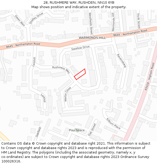 28, RUSHMERE WAY, RUSHDEN, NN10 6YB: Location map and indicative extent of plot