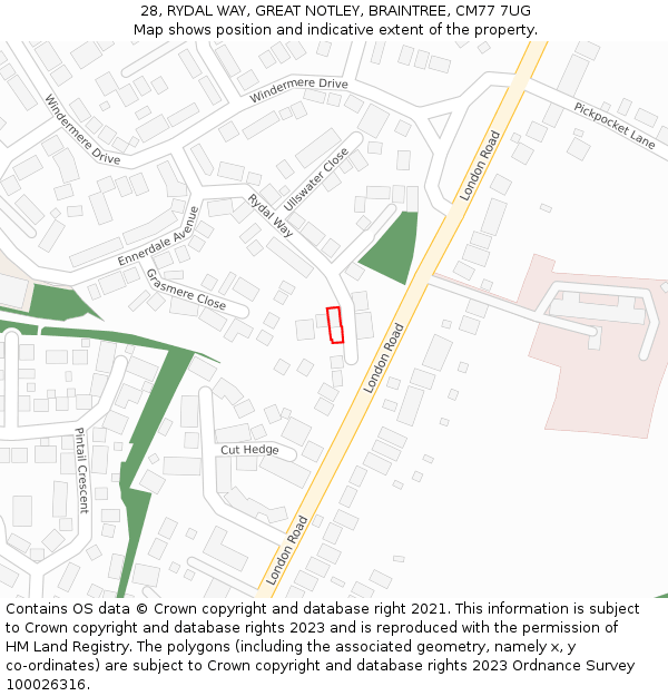 28, RYDAL WAY, GREAT NOTLEY, BRAINTREE, CM77 7UG: Location map and indicative extent of plot