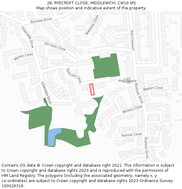 28, RYECROFT CLOSE, MIDDLEWICH, CW10 0PJ: Location map and indicative extent of plot