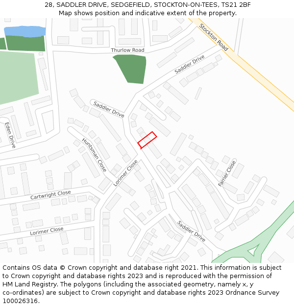 28, SADDLER DRIVE, SEDGEFIELD, STOCKTON-ON-TEES, TS21 2BF: Location map and indicative extent of plot