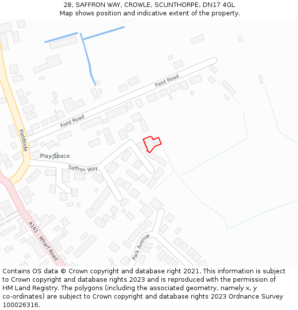 28, SAFFRON WAY, CROWLE, SCUNTHORPE, DN17 4GL: Location map and indicative extent of plot