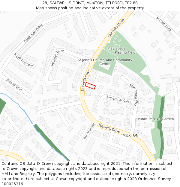 28, SALTWELLS DRIVE, MUXTON, TELFORD, TF2 8RJ: Location map and indicative extent of plot