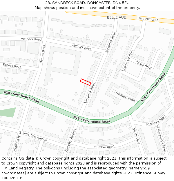 28, SANDBECK ROAD, DONCASTER, DN4 5EU: Location map and indicative extent of plot