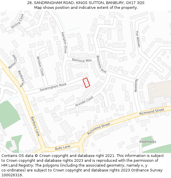 28, SANDRINGHAM ROAD, KINGS SUTTON, BANBURY, OX17 3QS: Location map and indicative extent of plot