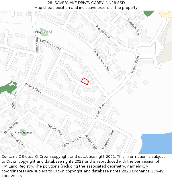 28, SAVERNAKE DRIVE, CORBY, NN18 8SD: Location map and indicative extent of plot