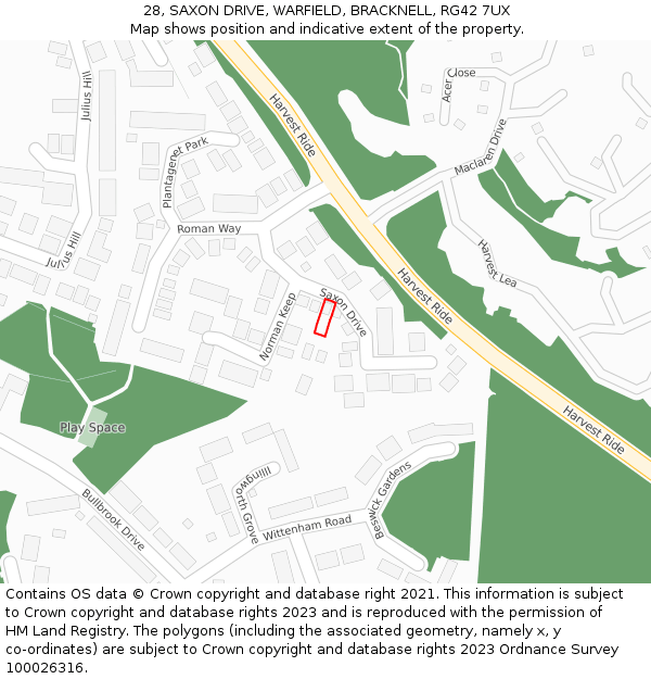 28, SAXON DRIVE, WARFIELD, BRACKNELL, RG42 7UX: Location map and indicative extent of plot