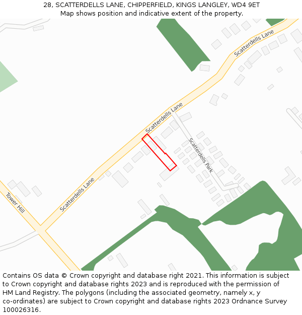 28, SCATTERDELLS LANE, CHIPPERFIELD, KINGS LANGLEY, WD4 9ET: Location map and indicative extent of plot