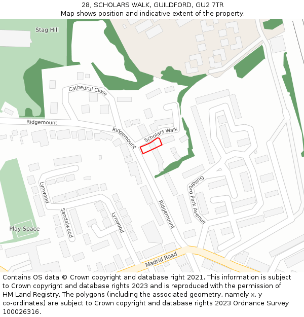 28, SCHOLARS WALK, GUILDFORD, GU2 7TR: Location map and indicative extent of plot