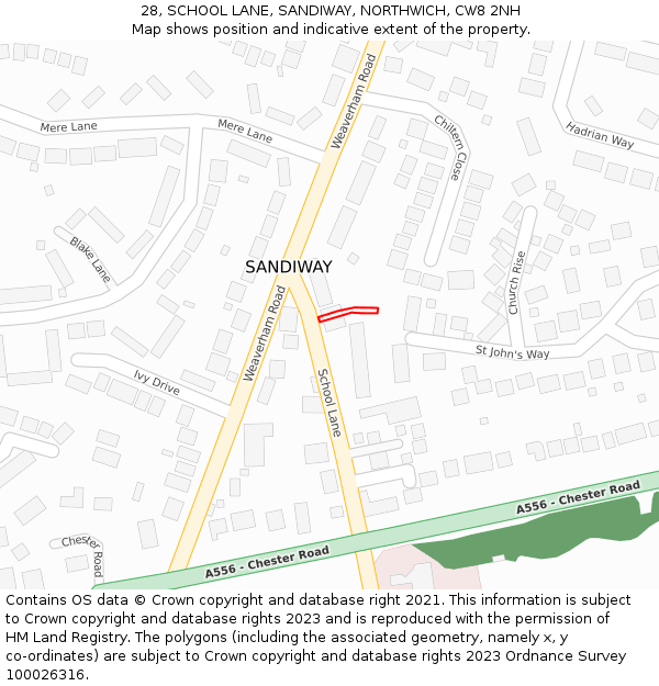 28, SCHOOL LANE, SANDIWAY, NORTHWICH, CW8 2NH: Location map and indicative extent of plot