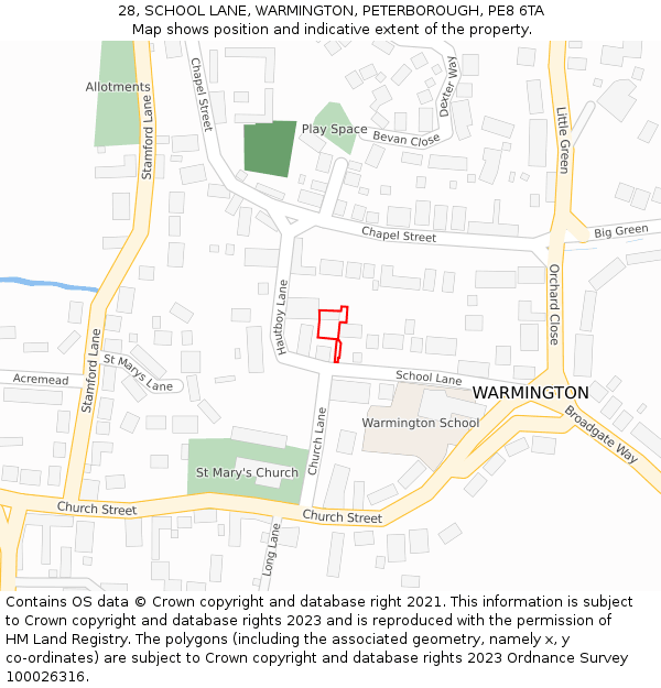 28, SCHOOL LANE, WARMINGTON, PETERBOROUGH, PE8 6TA: Location map and indicative extent of plot