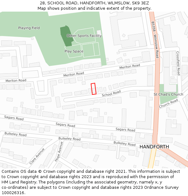 28, SCHOOL ROAD, HANDFORTH, WILMSLOW, SK9 3EZ: Location map and indicative extent of plot
