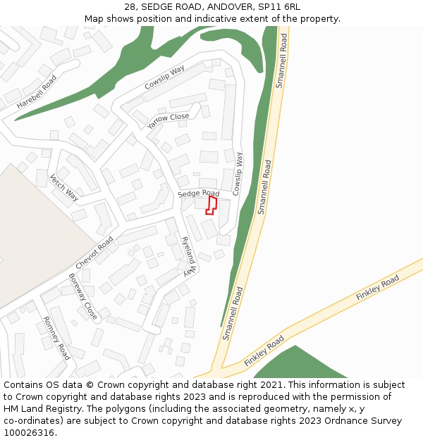 28, SEDGE ROAD, ANDOVER, SP11 6RL: Location map and indicative extent of plot