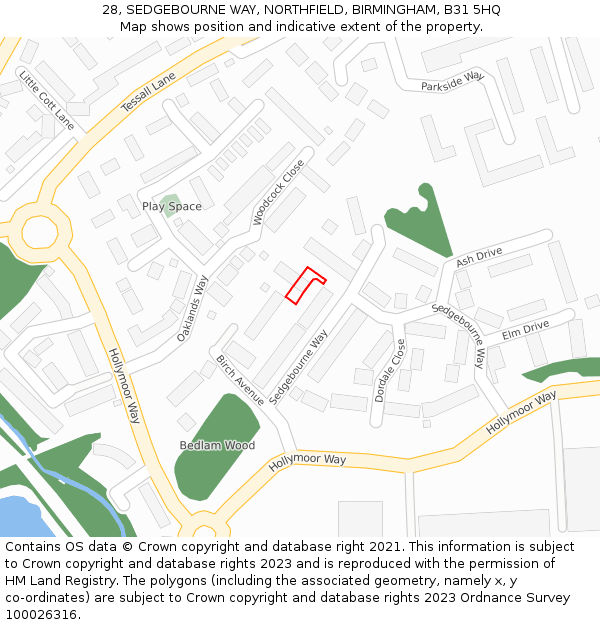 28, SEDGEBOURNE WAY, NORTHFIELD, BIRMINGHAM, B31 5HQ: Location map and indicative extent of plot