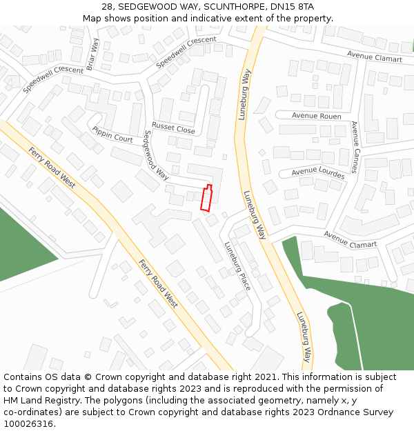 28, SEDGEWOOD WAY, SCUNTHORPE, DN15 8TA: Location map and indicative extent of plot