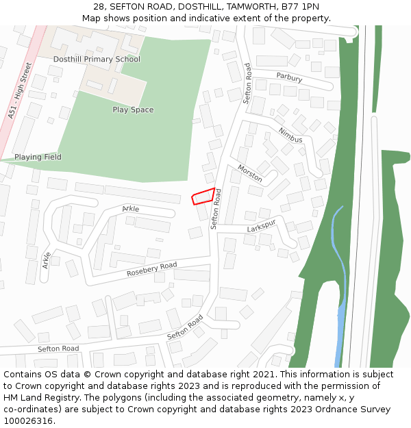 28, SEFTON ROAD, DOSTHILL, TAMWORTH, B77 1PN: Location map and indicative extent of plot