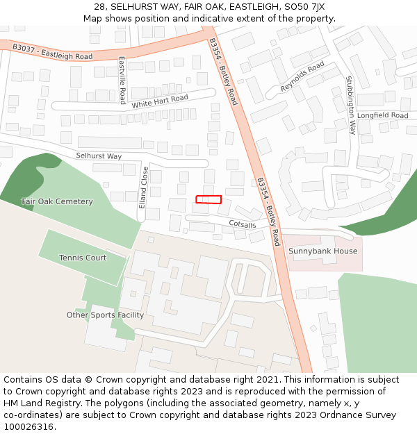 28, SELHURST WAY, FAIR OAK, EASTLEIGH, SO50 7JX: Location map and indicative extent of plot
