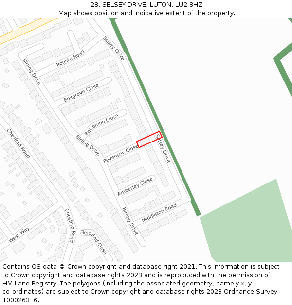 28, SELSEY DRIVE, LUTON, LU2 8HZ: Location map and indicative extent of plot