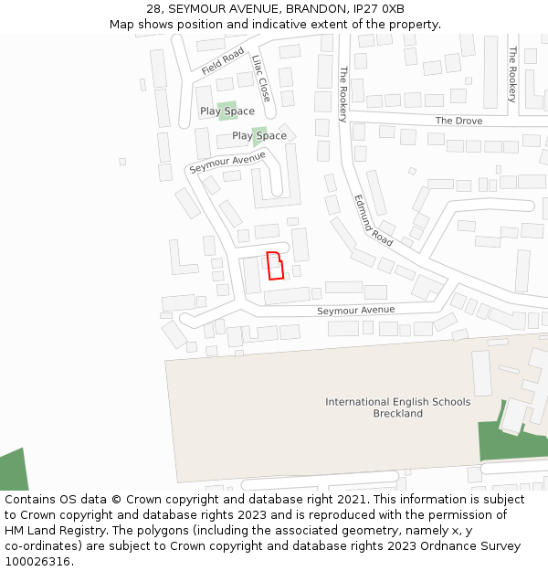 28, SEYMOUR AVENUE, BRANDON, IP27 0XB: Location map and indicative extent of plot