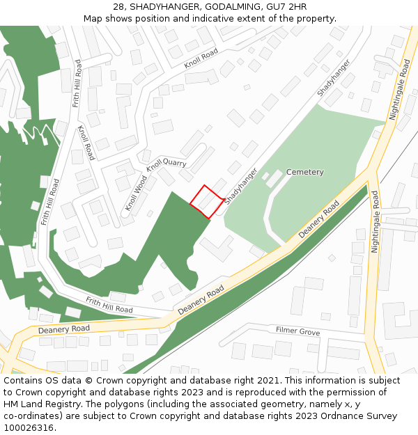 28, SHADYHANGER, GODALMING, GU7 2HR: Location map and indicative extent of plot