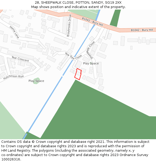 28, SHEEPWALK CLOSE, POTTON, SANDY, SG19 2XX: Location map and indicative extent of plot