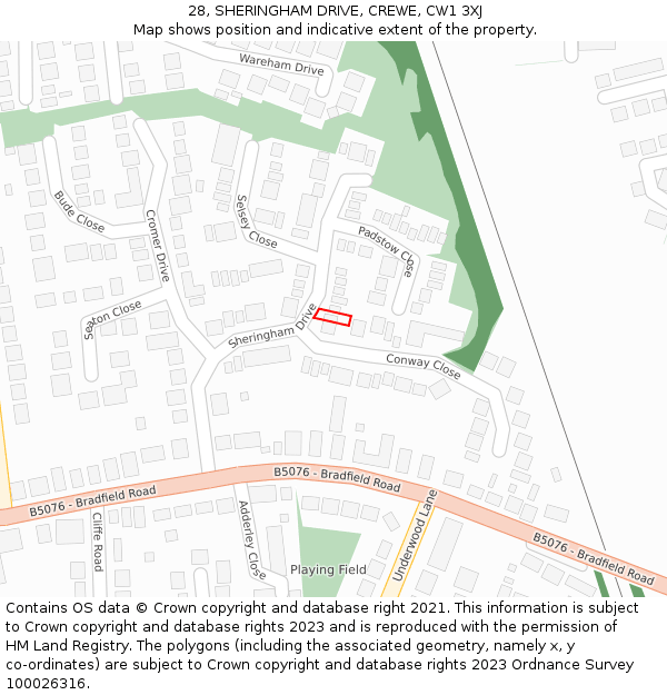 28, SHERINGHAM DRIVE, CREWE, CW1 3XJ: Location map and indicative extent of plot