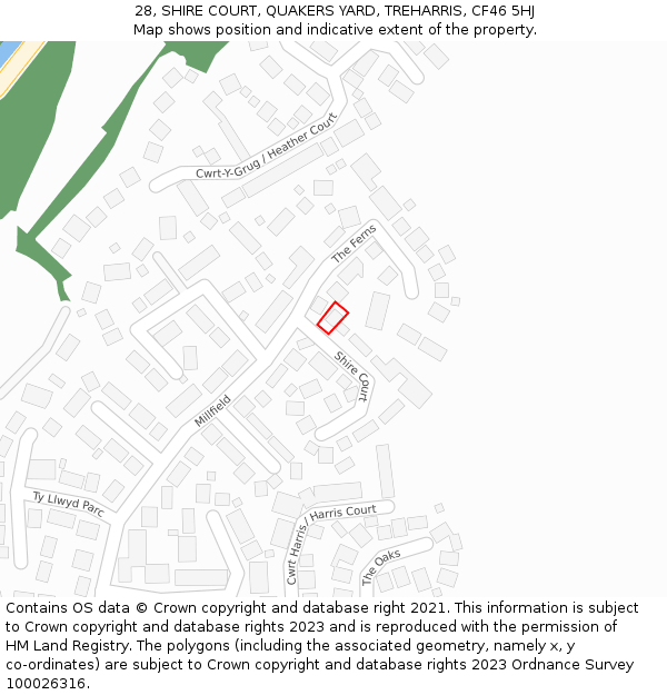 28, SHIRE COURT, QUAKERS YARD, TREHARRIS, CF46 5HJ: Location map and indicative extent of plot