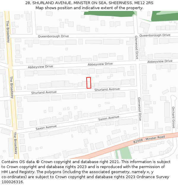 28, SHURLAND AVENUE, MINSTER ON SEA, SHEERNESS, ME12 2RS: Location map and indicative extent of plot