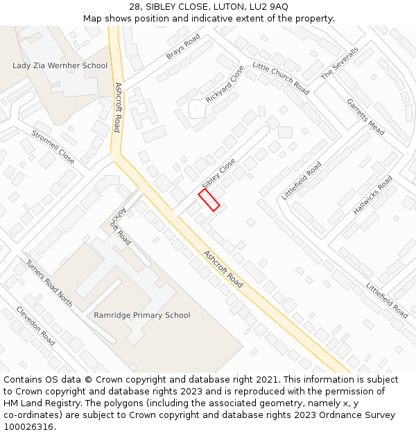 28, SIBLEY CLOSE, LUTON, LU2 9AQ: Location map and indicative extent of plot