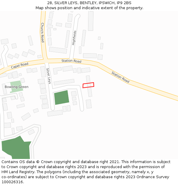 28, SILVER LEYS, BENTLEY, IPSWICH, IP9 2BS: Location map and indicative extent of plot