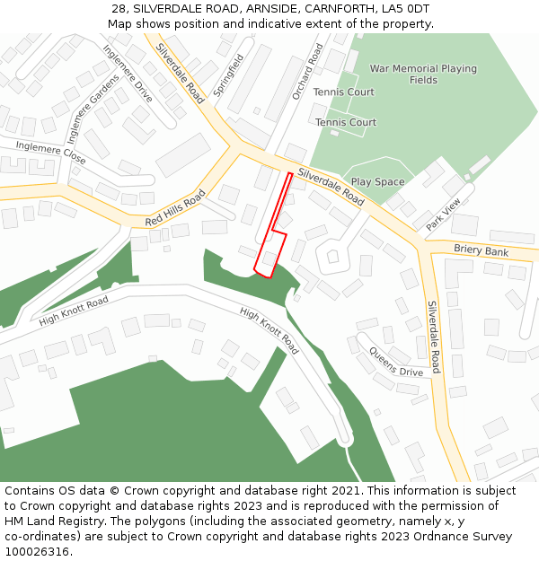 28, SILVERDALE ROAD, ARNSIDE, CARNFORTH, LA5 0DT: Location map and indicative extent of plot