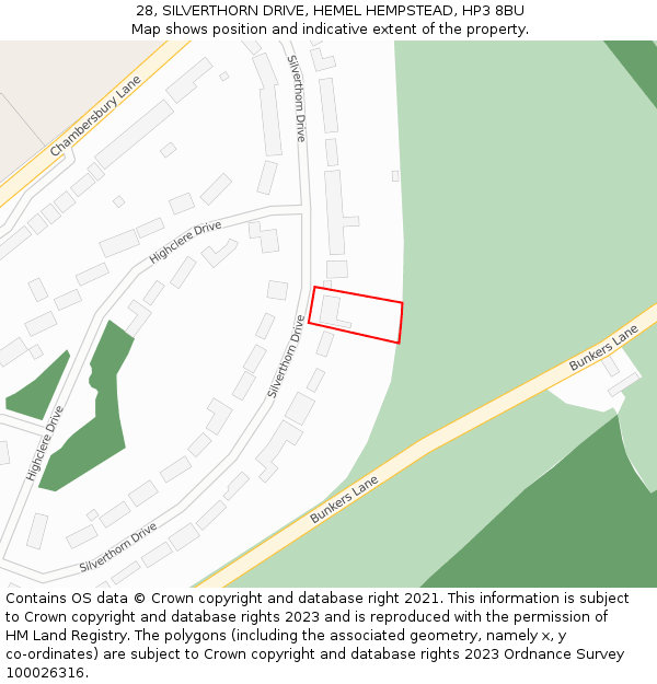 28, SILVERTHORN DRIVE, HEMEL HEMPSTEAD, HP3 8BU: Location map and indicative extent of plot